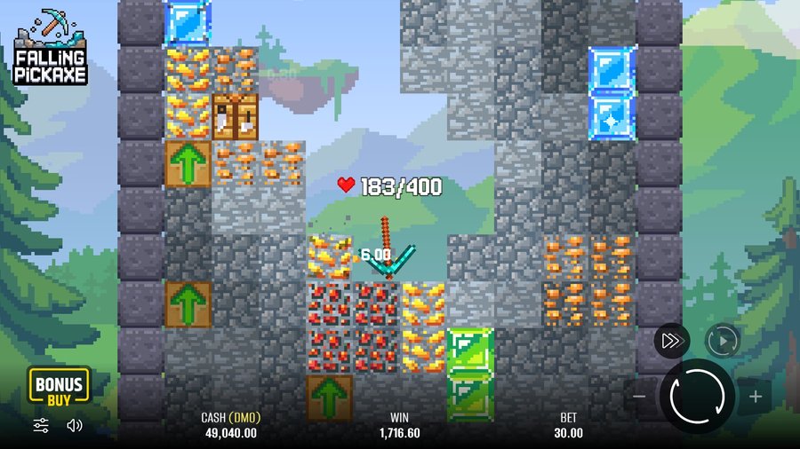 Juego de Falling Pickaxe: un pico cavando bloques estilo Minecraft